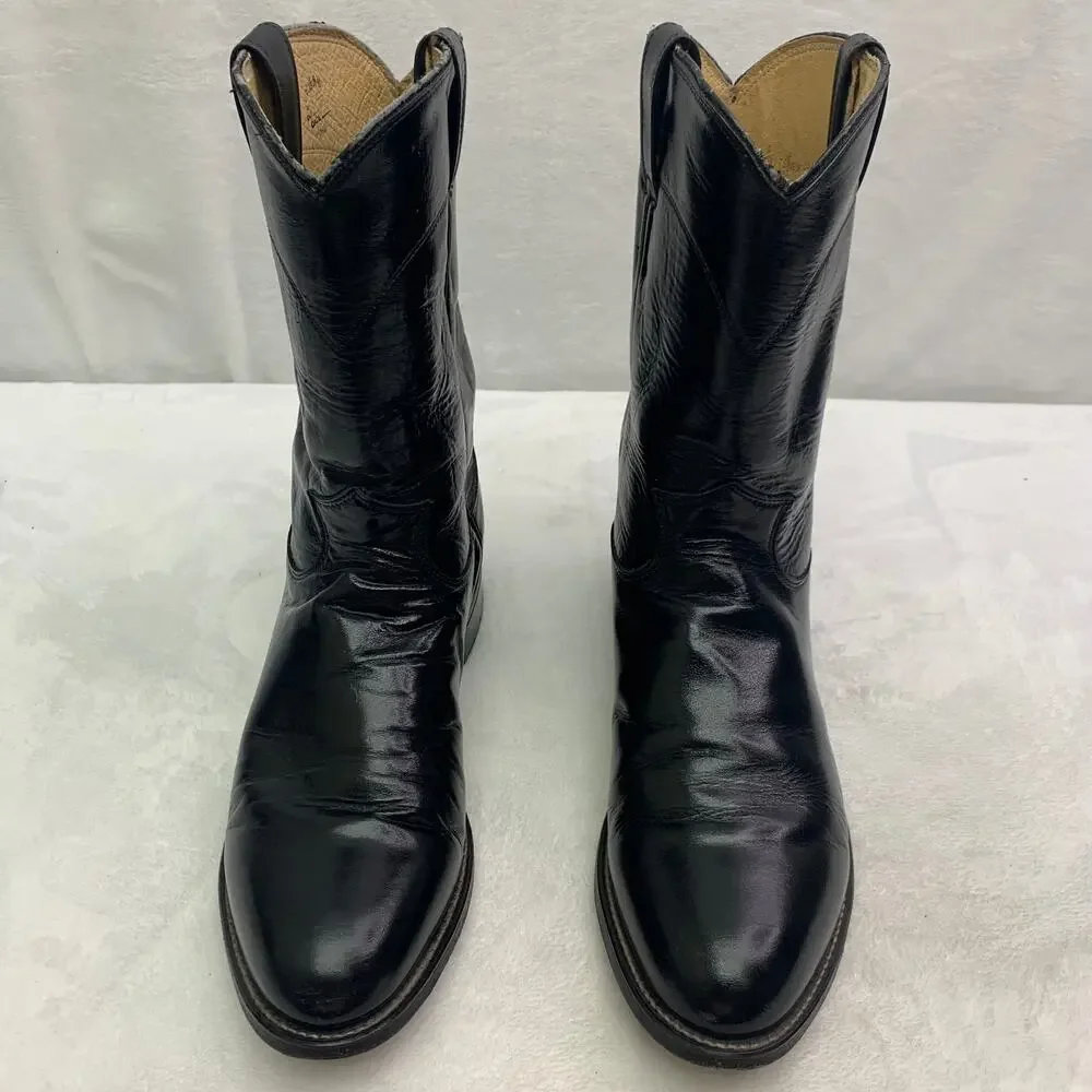 Justin Boots 3133 Mens Sz 9 Black Leather Western Roper Boots Round Toe Cowboy
